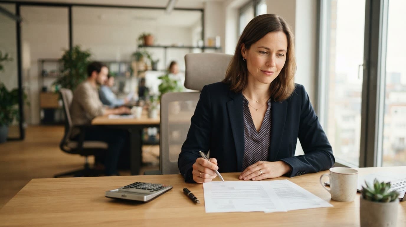 Schreibtisch mit Arbeitsvertrag, Taschenrechner und Stift — Vorbereitung auf eine Abfindungsverhandlung