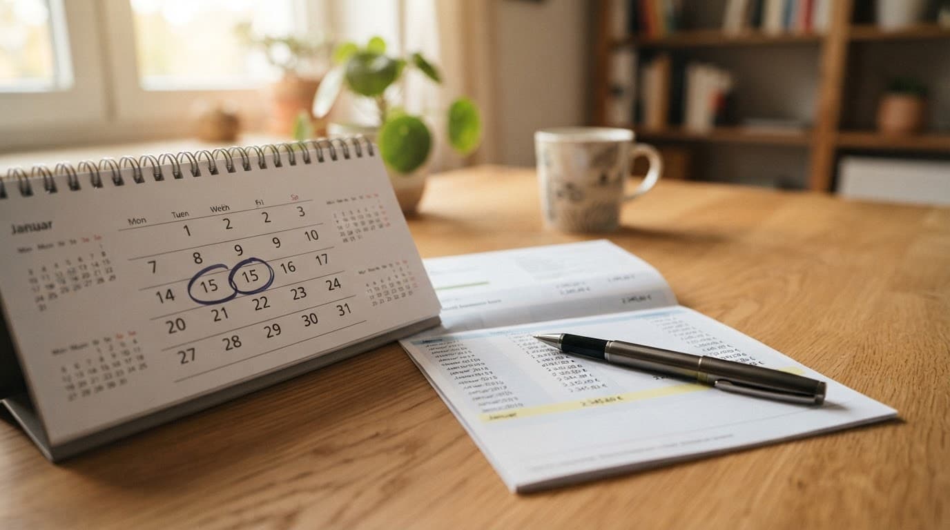 Kalenderseite Januar auf einem Schreibtisch neben Aufhebungsvertrag und Taschenrechner