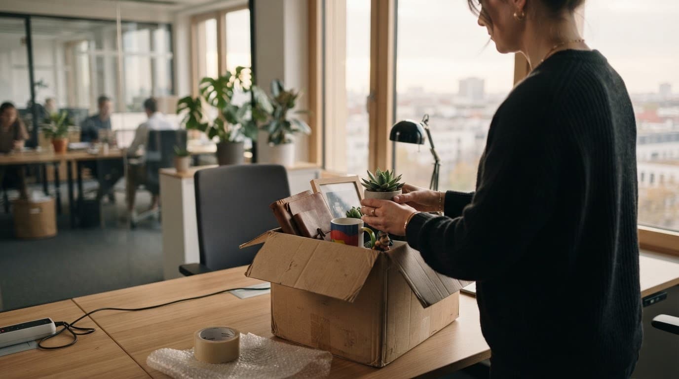 Arbeitnehmerin liest Kündigungsschreiben am Schreibtisch mit Personalakte und Unterlagen