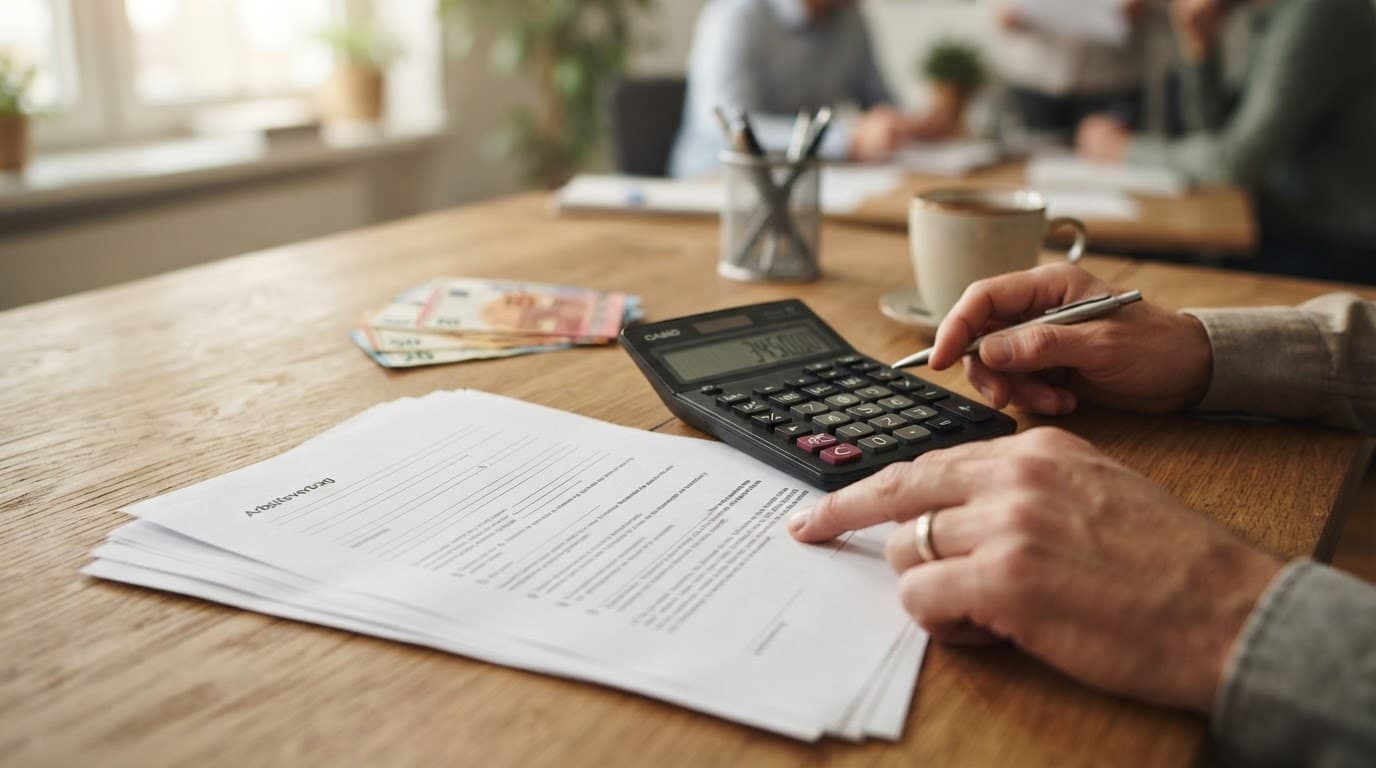 Ältere Arbeitnehmerin mit Unterlagen am Schreibtisch — Planung nach langer Betriebszugehörigkeit