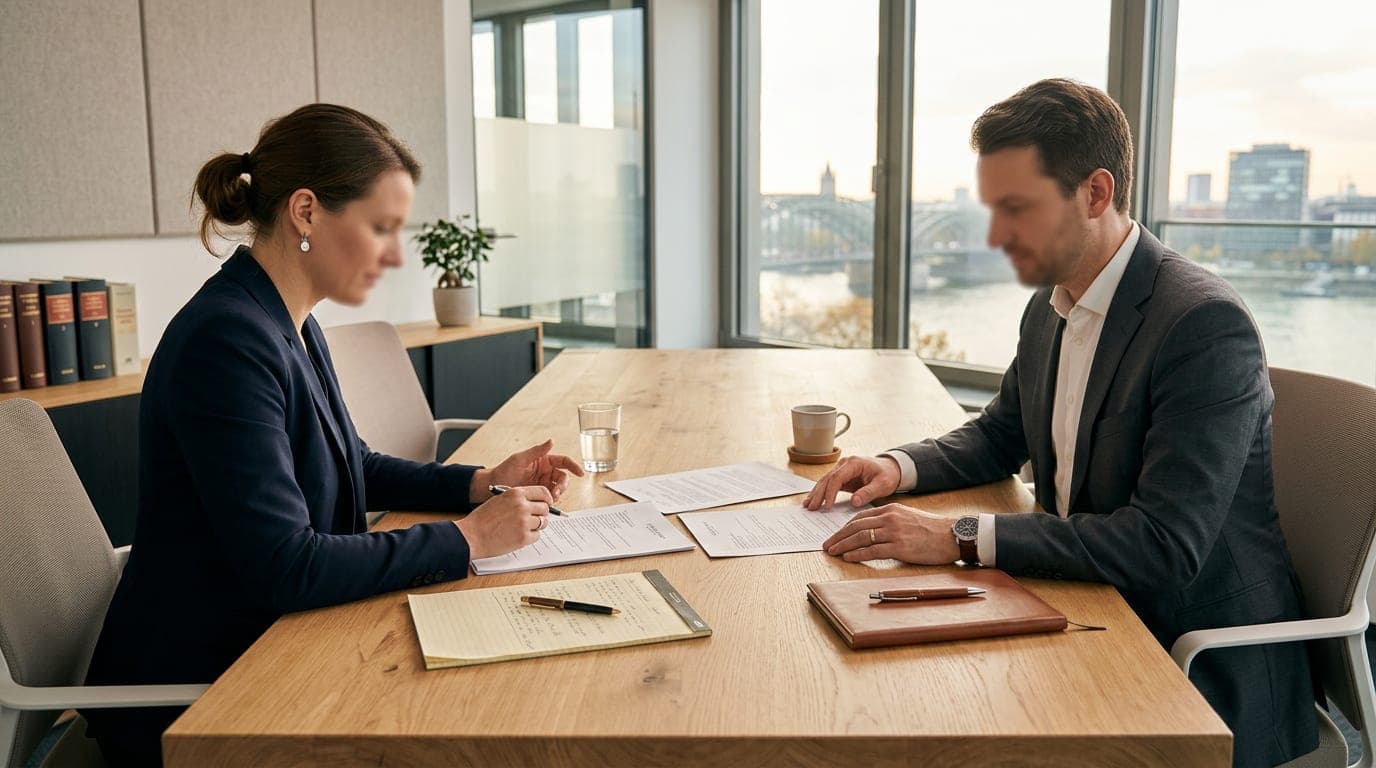 Verhandlungsgespräch am Konferenztisch mit Vertragsunterlagen und Notizblock
