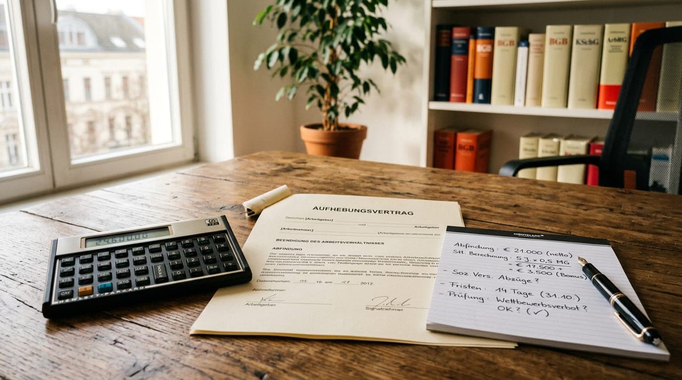 Taschenrechner und Aufhebungsvertrag auf einem Schreibtisch, daneben Notizen zur Abfindungsberechnung