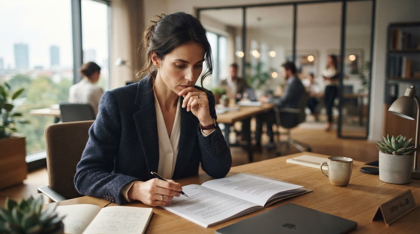 Arbeitnehmerin liest Aufhebungsvertrag am Tisch, Stift in der Hand, nachdenklich