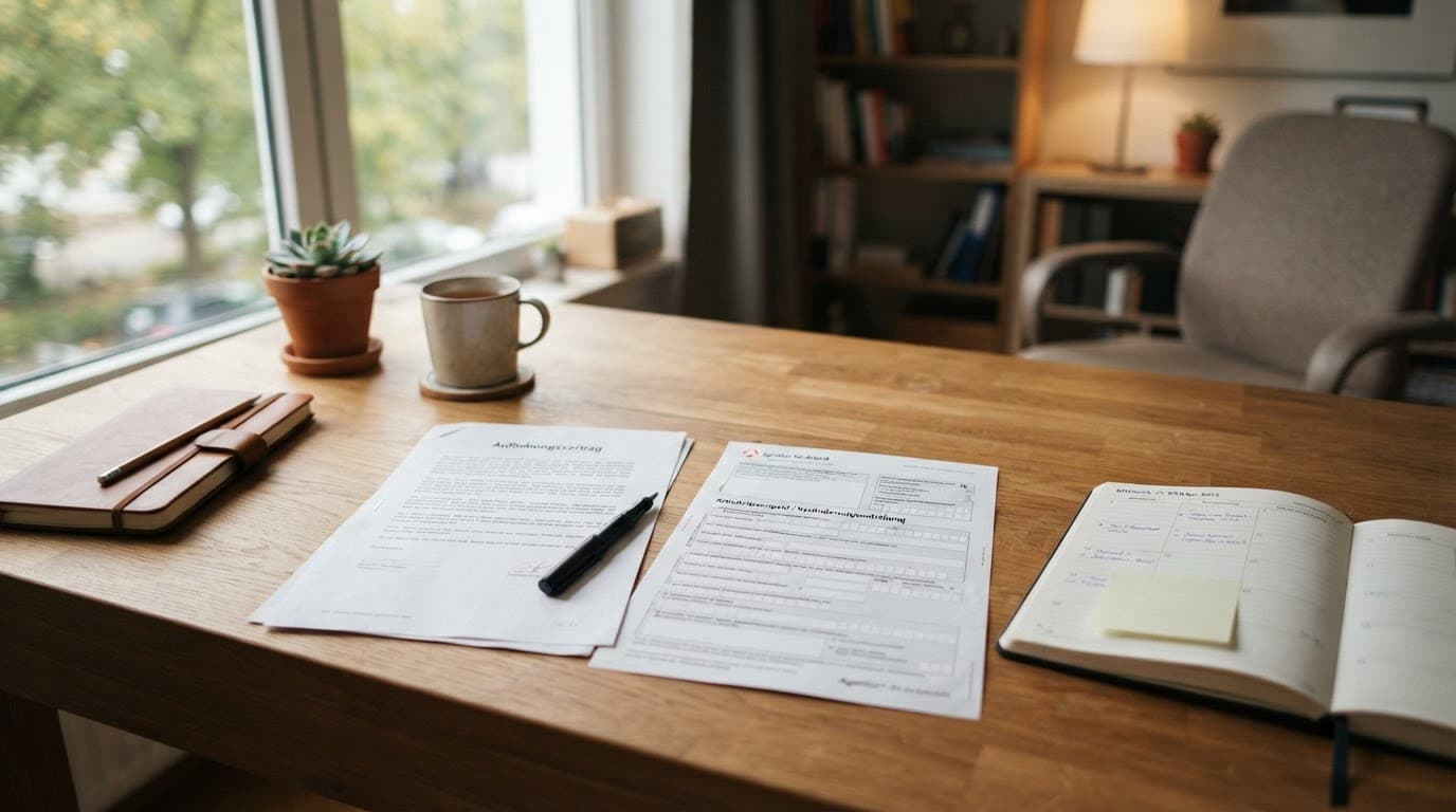 Person an einem Behördenschalter der Agentur für Arbeit mit Unterlagen in der Hand