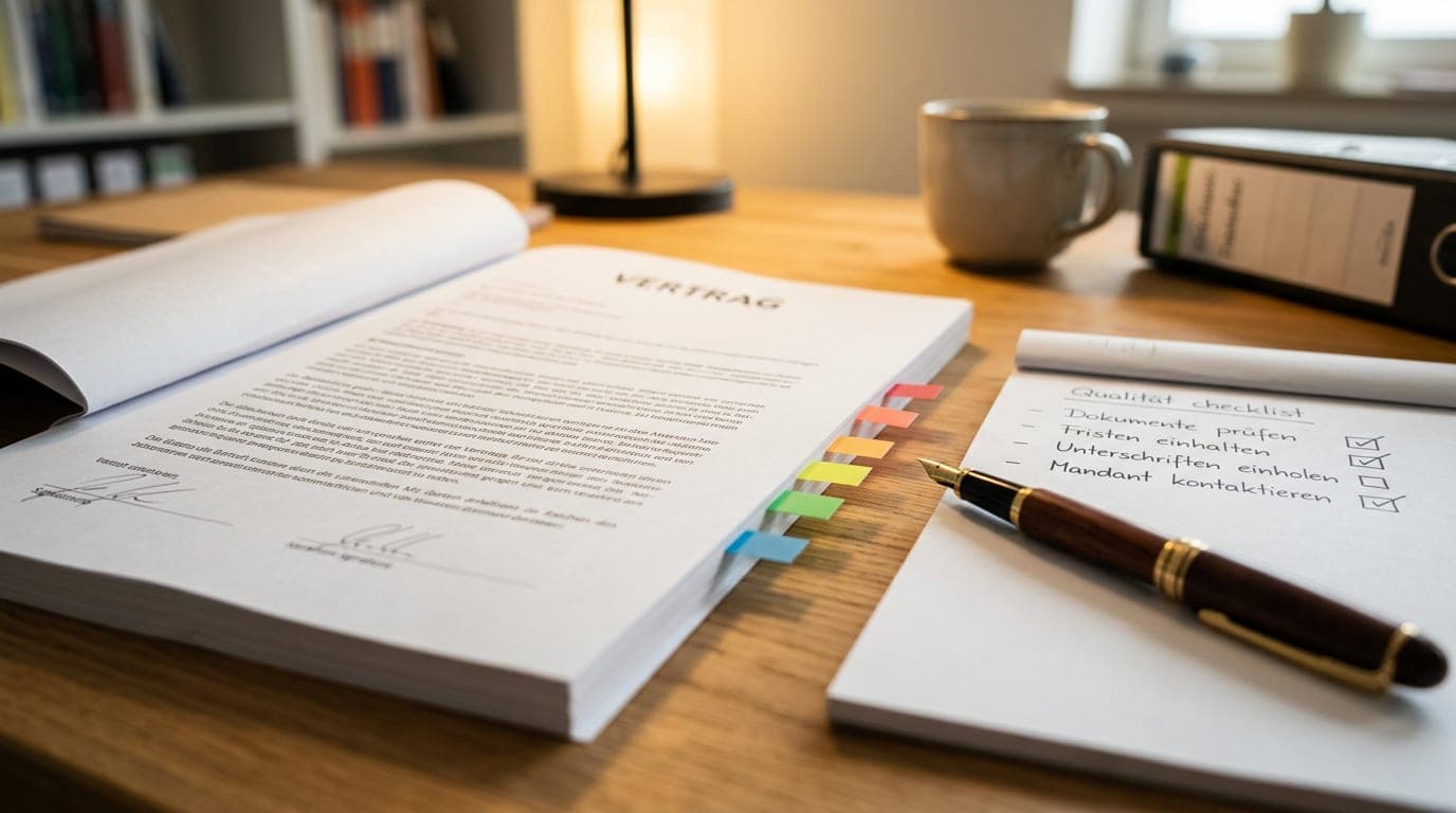 Aufhebungsvertrag mit Stift und Checkliste auf einem Schreibtisch, einzelne Klauseln markiert