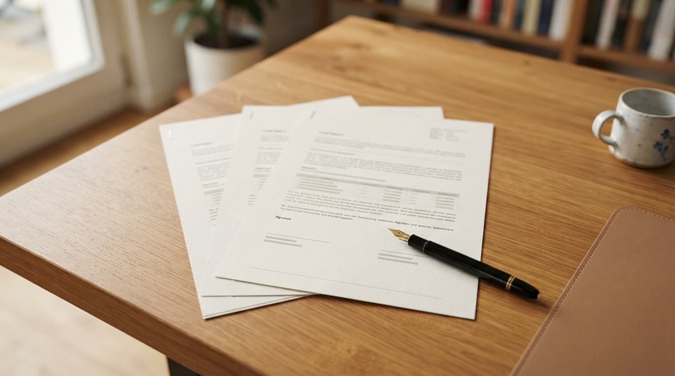 Aufhebungsvertrag auf Schreibtisch mit Stift und Unterschrift, zwei Personen gegenüber