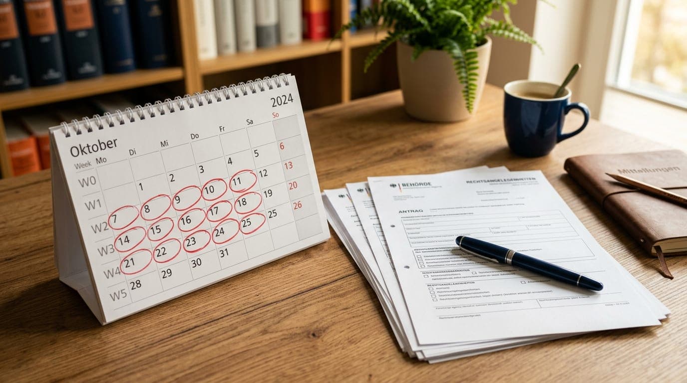 Kalender mit markierten Wochen neben Unterlagen der Agentur für Arbeit auf einem Tisch