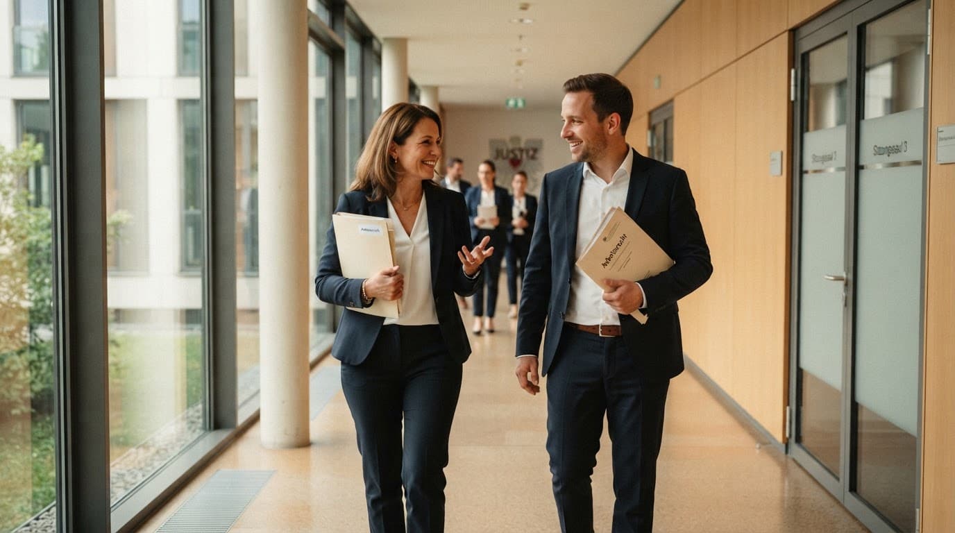 Arbeitnehmer und Anwältin besprechen Unterlagen vor dem Arbeitsgericht