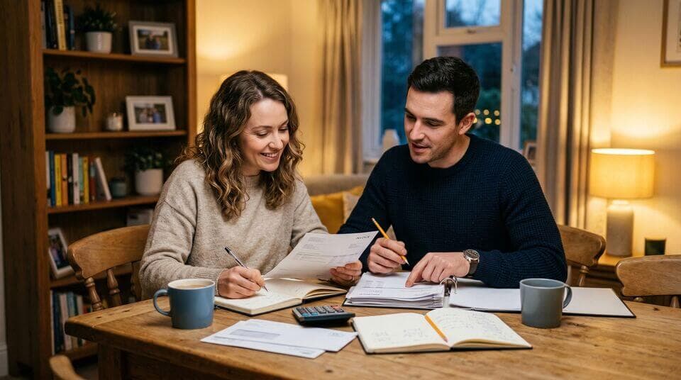 Zwei Personen gehen am Tisch gemeinsam Unterlagen und Notizen durch