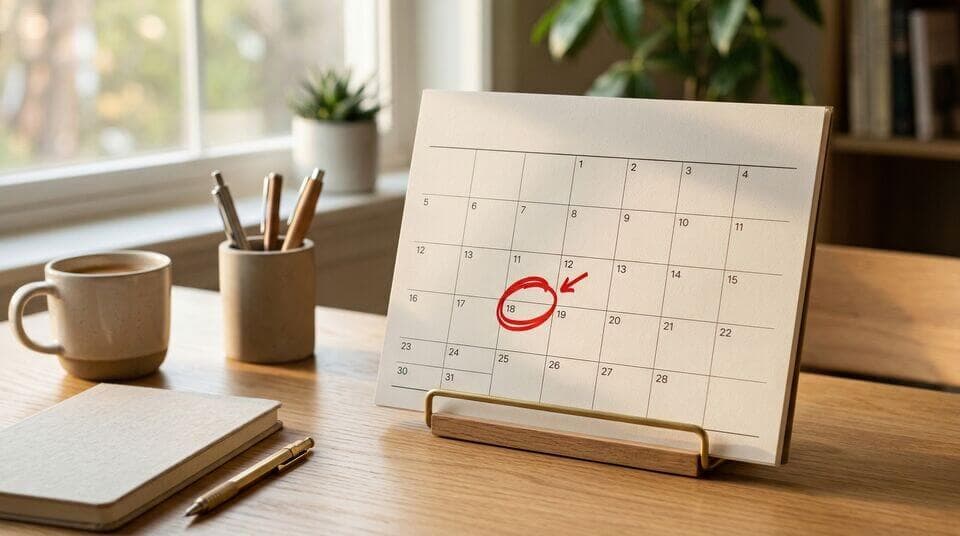 Tischkalender mit rot eingekreistem Datum neben einer Tasse