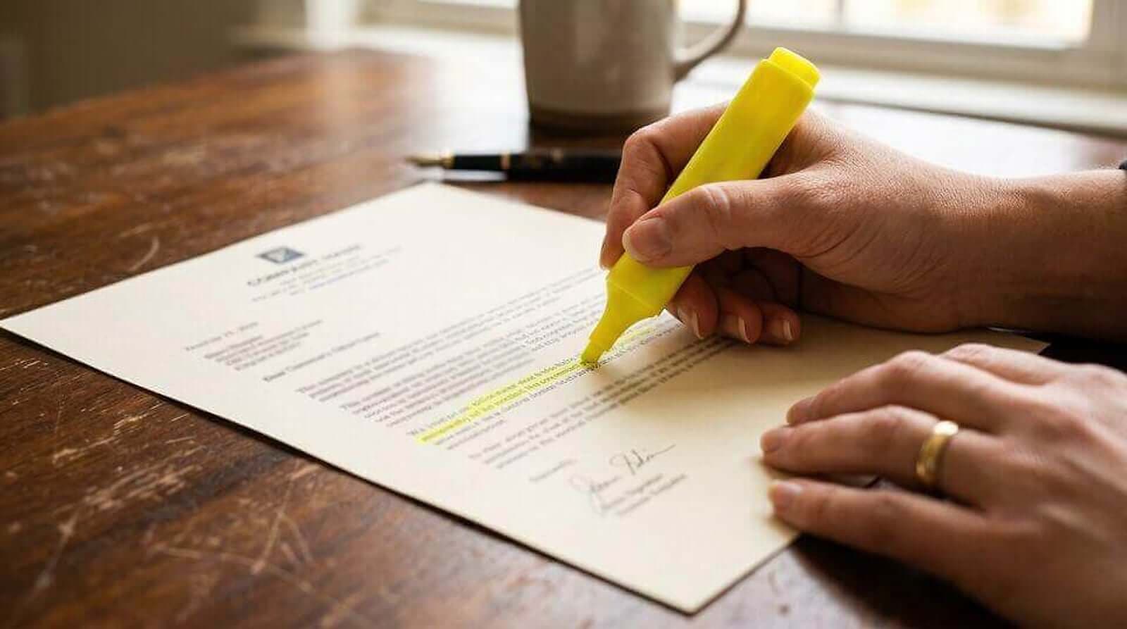 Schriftstück, in dem eine Hand mit gelbem Textmarker eine Textstelle markiert